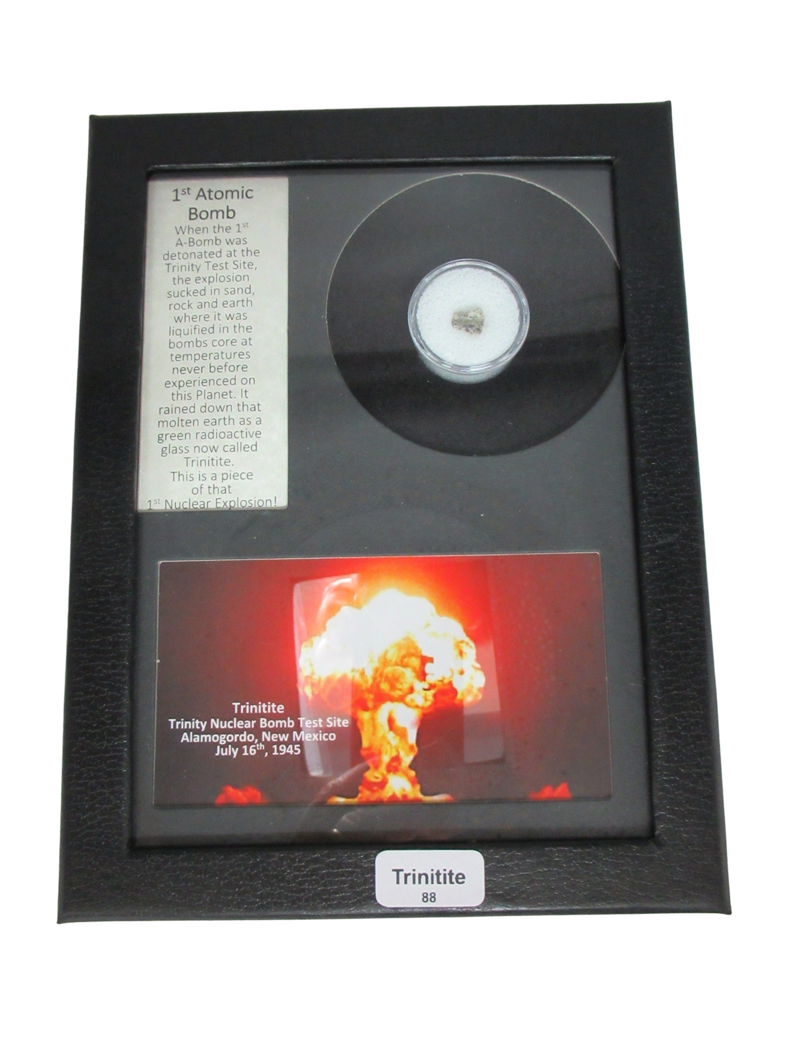 New Mexico Trinity Nuclear Bomb Test - Trinitite 88 | Fossils for Sale Genuine Trinity Nuclear Bomb Test in Frame for Sale from New Mexico #88