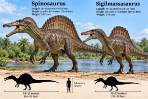 Sigilmassasaurus and Spinosaurus | Fossils for Sale Spinosaurus and Sililmassasaurus Size Comparison